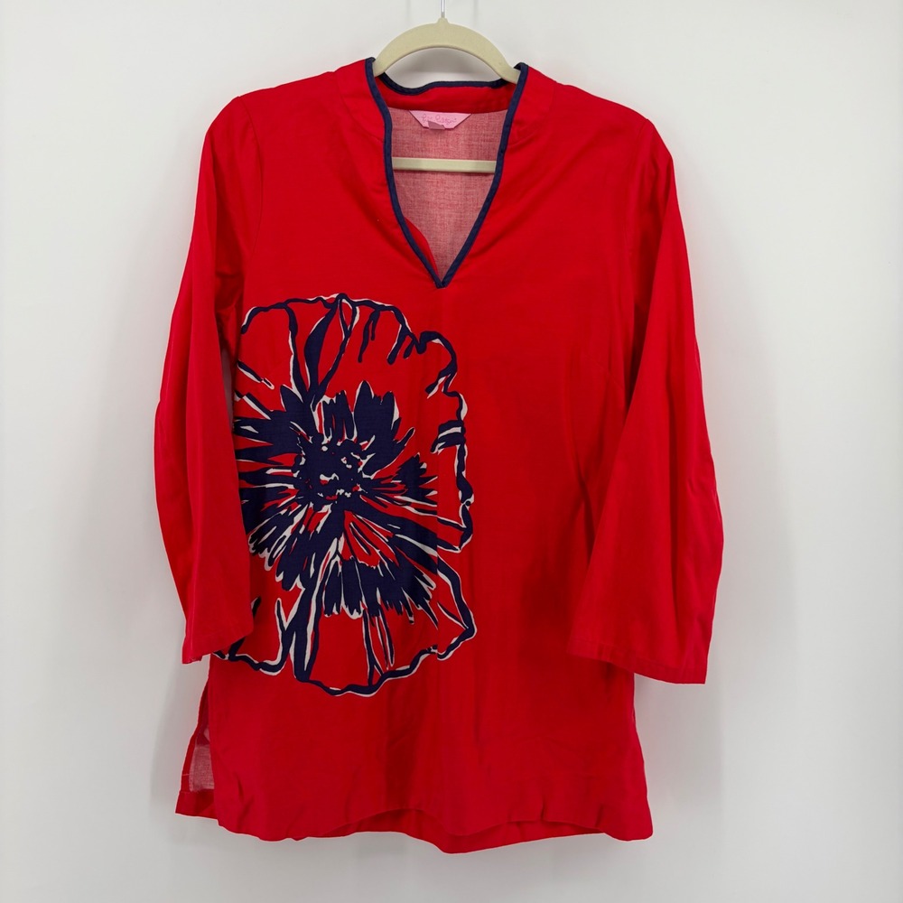 Lilly Pulitzer Womens Medium‎ Red Tunic Floral Graphic Split Neck 3/4 Sleeve Top